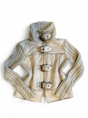 Y2K Cream Faux Suede and Knit Fleece Collared Sweater Jacket Buckle Closure S